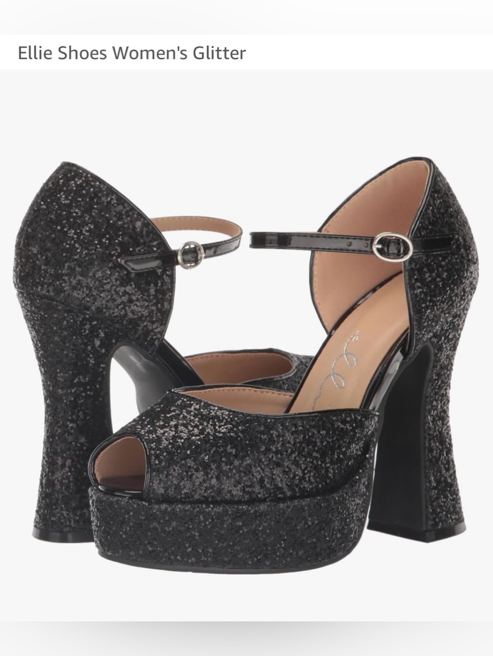 Ellie Shoes Black Glitter Platform Ankle-Strap Peep-Toe Heels